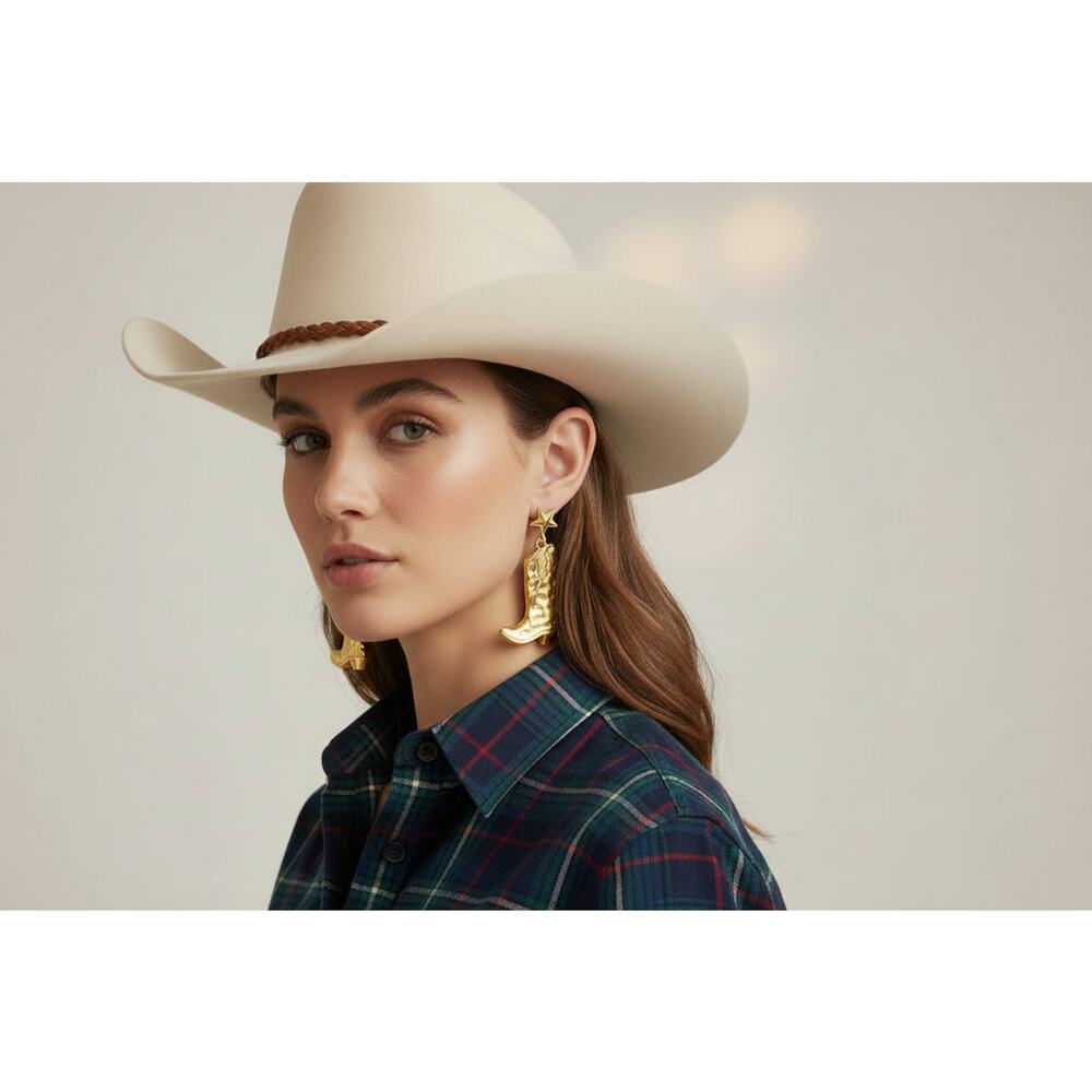 Western 2 1/2" pierced gold dangle hammered star and boot earrings